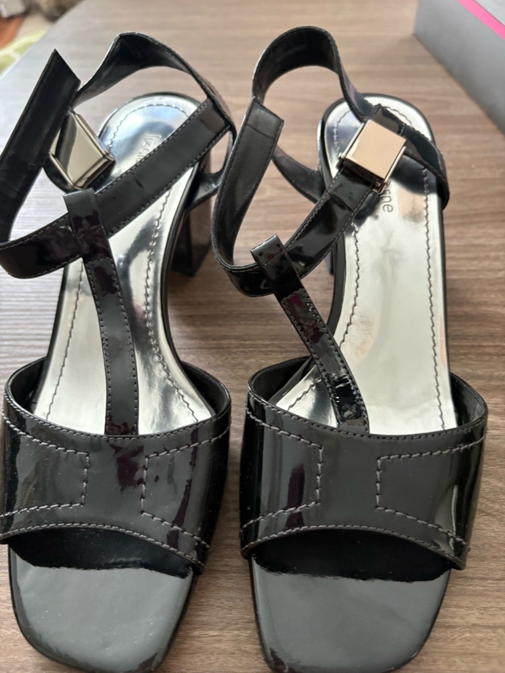 Liz Claiborne Black Patent Leather Strappy Block Heel Sandals
